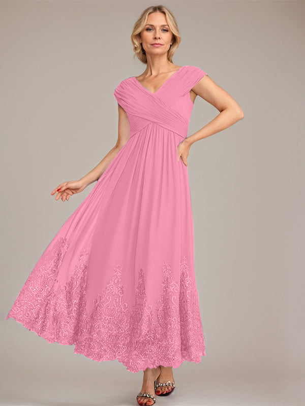 A-Line V-Neck Chiffon Mother of the Bride Dress with Appliqué and Sequins, Ankle-Length