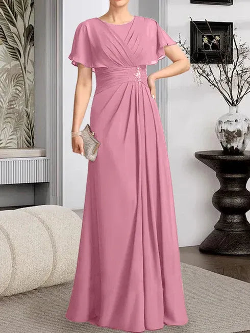 A-Line Scoop Neck Floor-Length Chiffon Mother of the Bride Dress with Pleated Beading