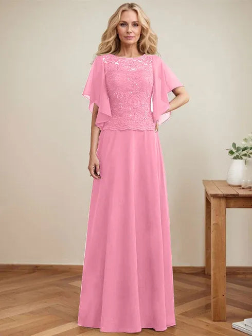 A-Line Scoop Neck Illusion Floor-Length Lace Chiffon Mother of the Bride Dress with Sequins