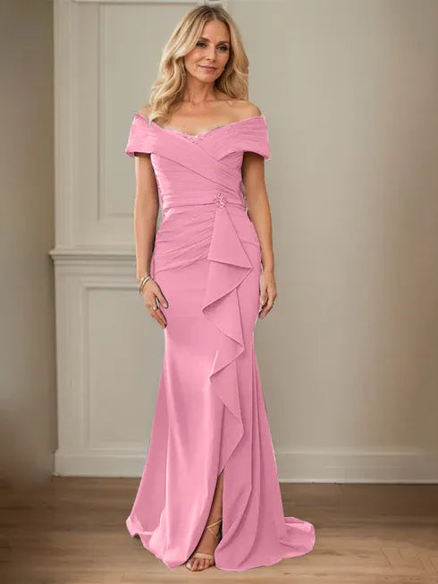 Floor-Length Lace and Chiffon Mother of the Bride Dress with Sheath/Column V-Neck Illusion and Pleated Sequins