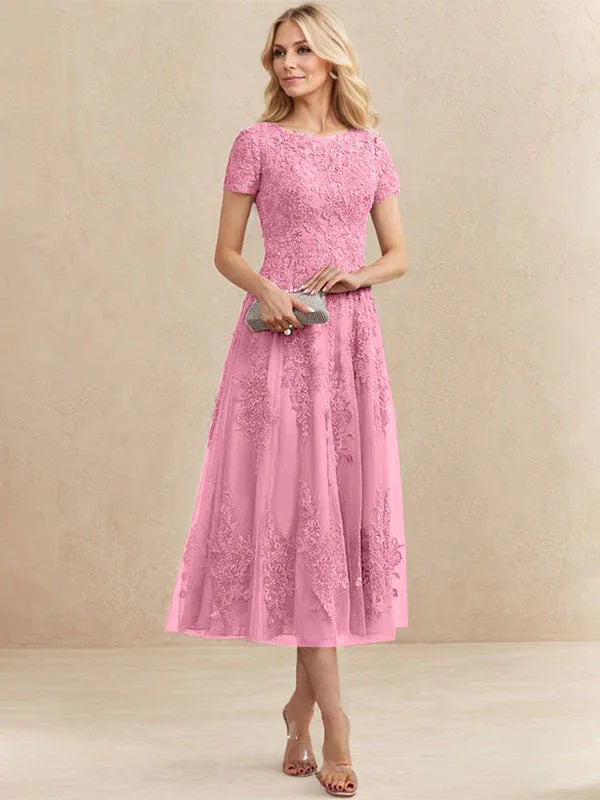 A-Line Scoop Neck Tea-Length Tulle Lace Mother of the Bride Dress