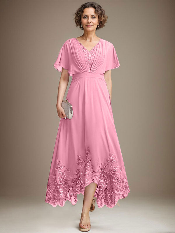 A-Line V-Neck Asymmetrical Lace Chiffon Mother of the Bride Dress with Pleats