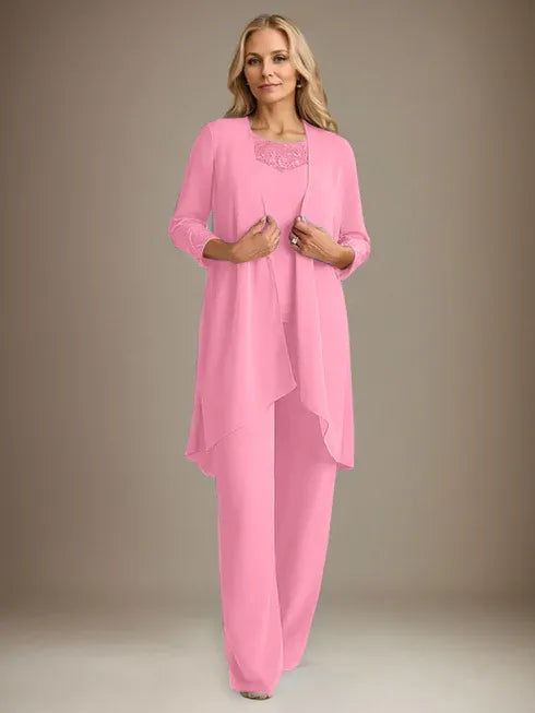Chiffon Scoop Neck Long Sleeve Mother of the Bride Pantsuit with Jacket