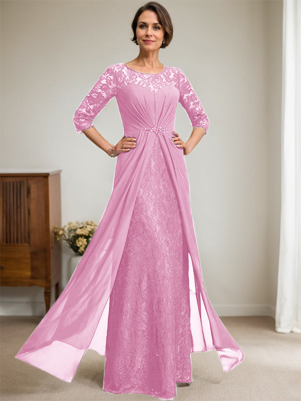A-Line Scoop Neck Illusion Floor-Length Lace Chiffon Mother of the Bride Dress with Beaded Ruffles