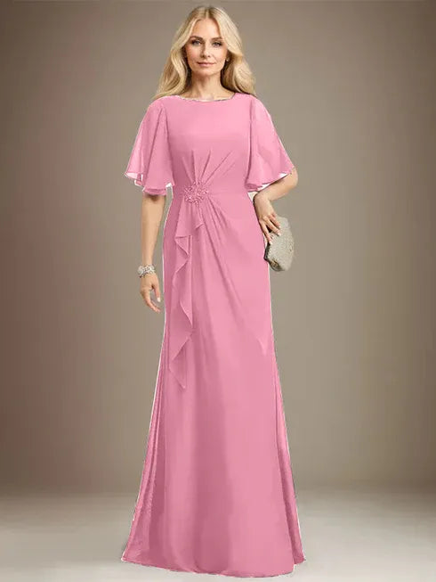 A-Line Scoop Floor-Length Chiffon Mother of the Bride Dress with Cascading Ruffles, Beading, and Sequins