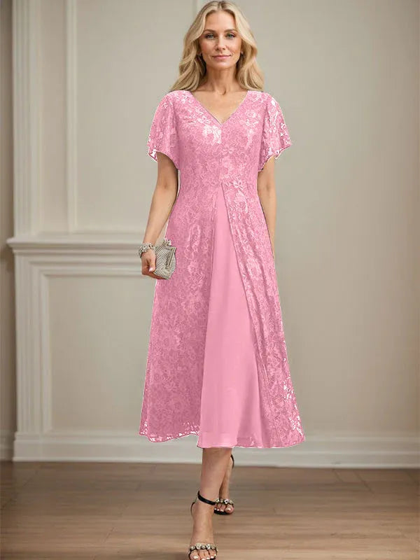 A-Line V-Neck Tea-Length Lace Chiffon Mother of the Bride Dress
