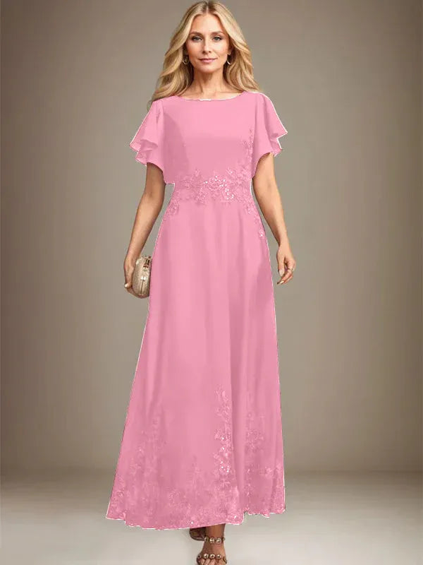 A-Line Scoop Neck Ankle-Length Lace and Chiffon Mother of the Bride Dress with Sequins