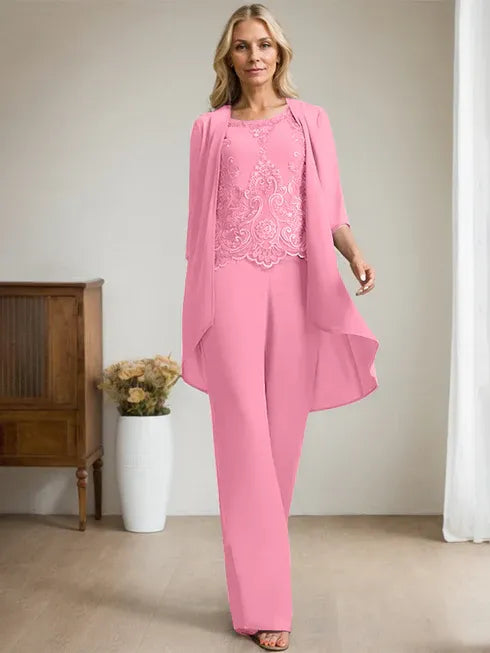 Floor-Length Chiffon Lace Mother of the Bride Jumpsuit/Pantsuit with Scoop Neck, Beading, and Sequins
