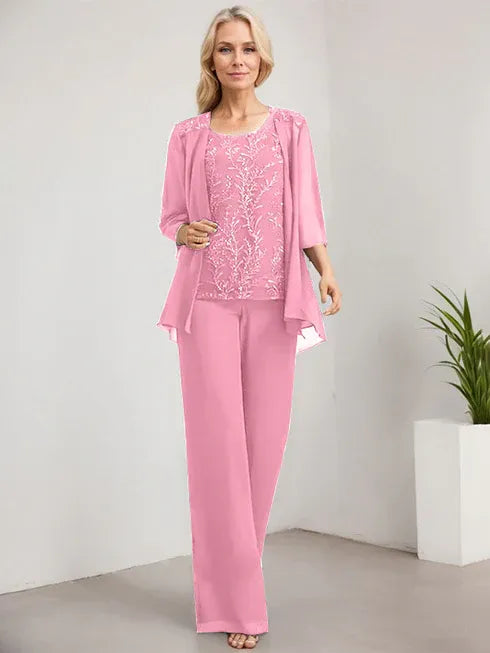 Floor-Length Lace Chiffon Mother of the Bride Jumpsuit/Pantsuit with Scoop Neck and Sequins