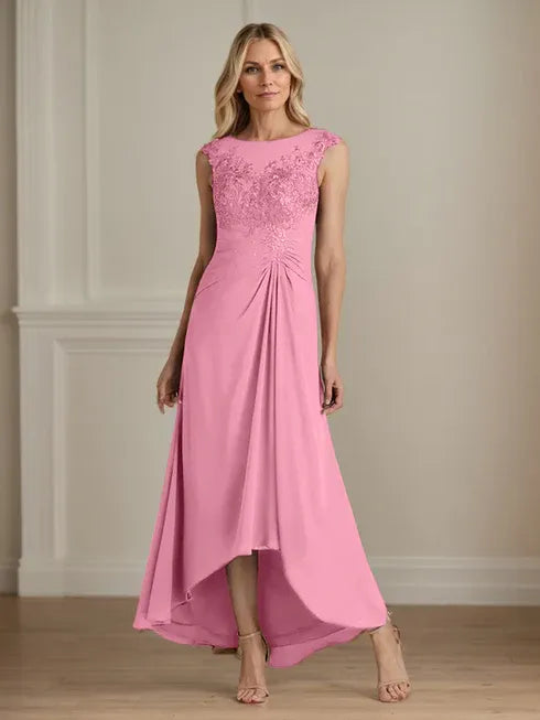Champagne A-Line Lace and Chiffon Scoop Neck Dress