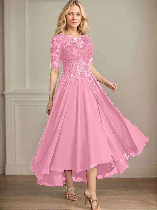 A-Line Scoop Neck Illusion Asymmetrical Chiffon and Lace Mother of the Bride Dress with Sequins