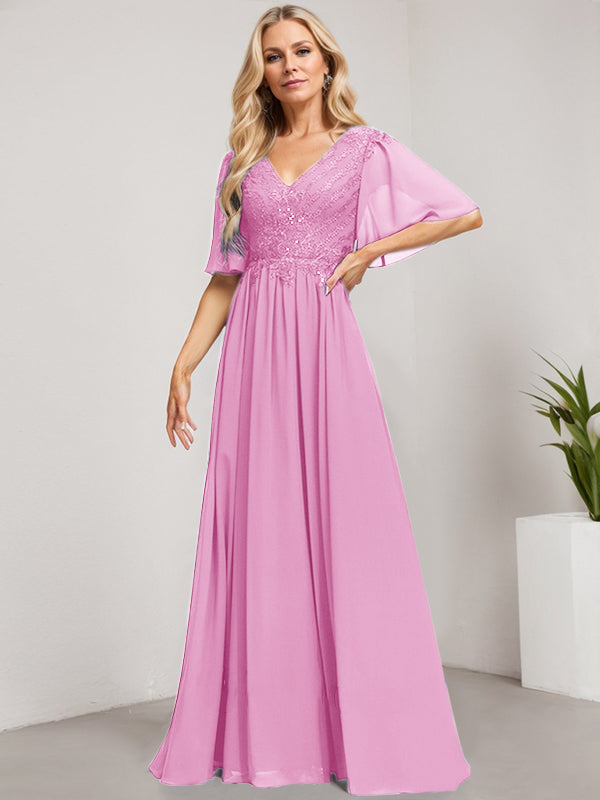 A-Line V-Neck Floor-Length Lace Chiffon Mother of the Bride Dress with Sequins