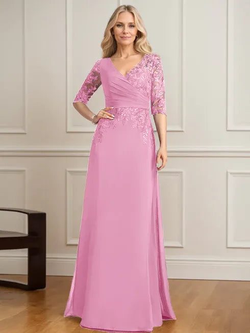 A-Line V-Neck Floor-Length Lace and Chiffon Mother of the Bride Dress with Pleated Sequins