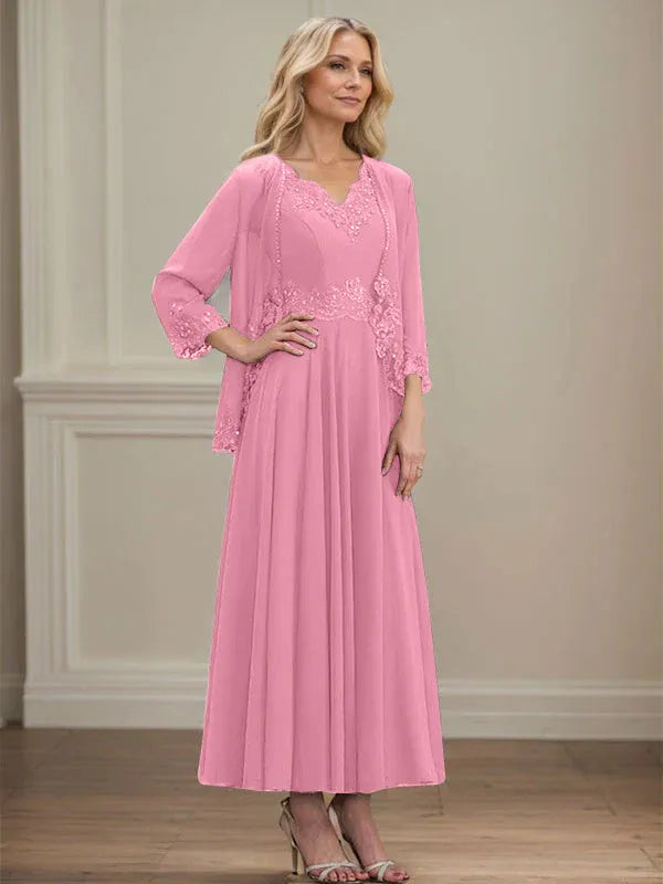 A-Line V-Neck Chiffon Mother of the Bride Dress with Sequins, Appliques, Lace, and Beading at Ankle Length