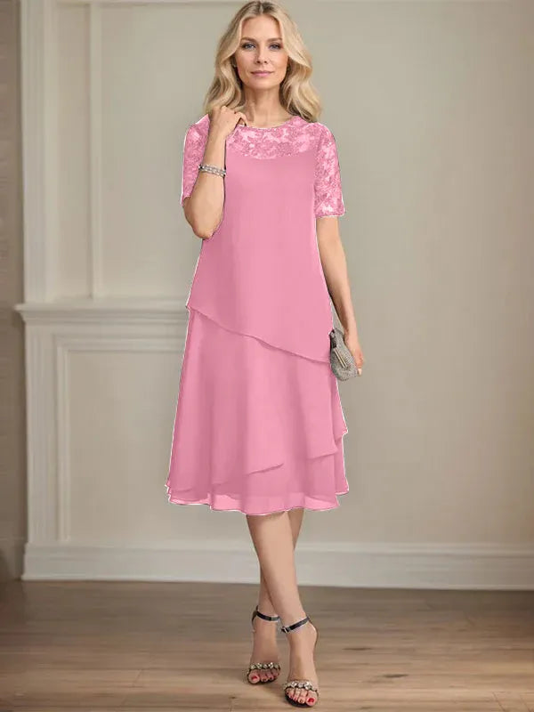 A-Line Scoop Neck Illusion Knee-Length Lace Chiffon Mother of the Bride Dress with Sequins