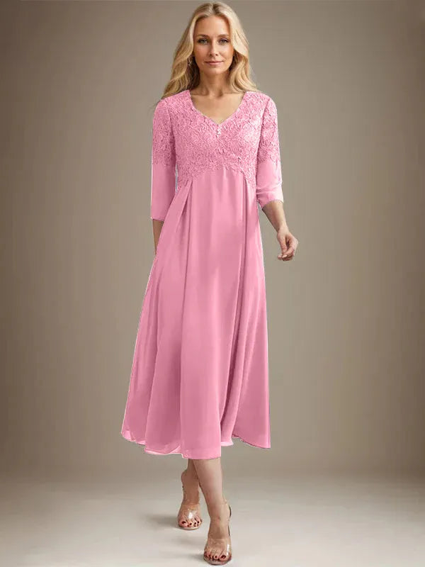 A-Line V-Neck Tea-Length Chiffon Lace Mother of the Bride Dress with Beading