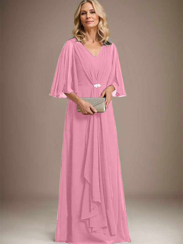 A-Line V-Neck Floor-Length Chiffon Mother of the Bride Dress with Cascading Ruffles and Crystal Brooch