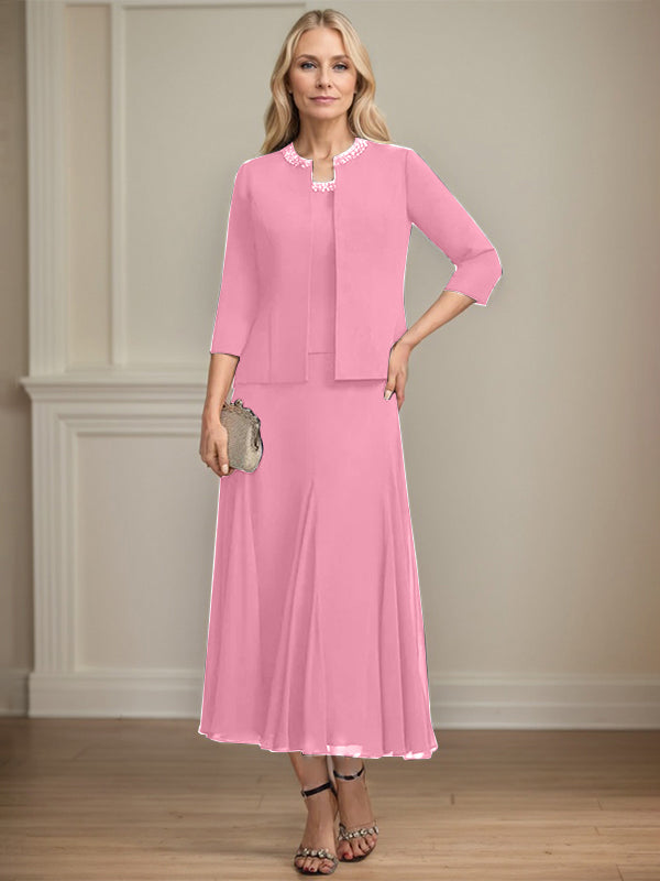 A-line Scoop Tea-Length Chiffon Mother of the Bride Dress with Sequins and Beading Separates