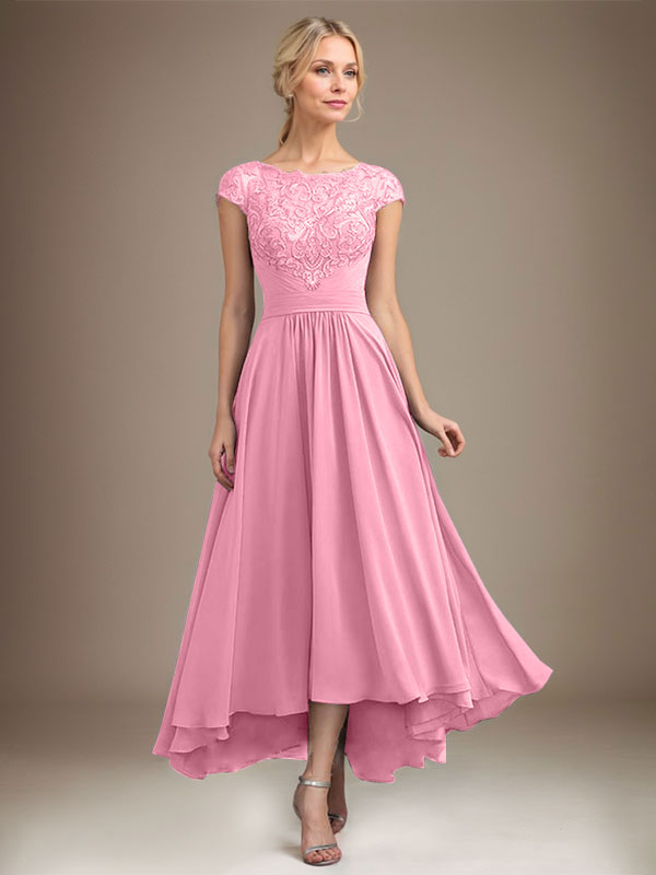 A-Line Scoop Neck Illusion Asymmetrical Lace Chiffon Mother of the Bride Dress with Pleats