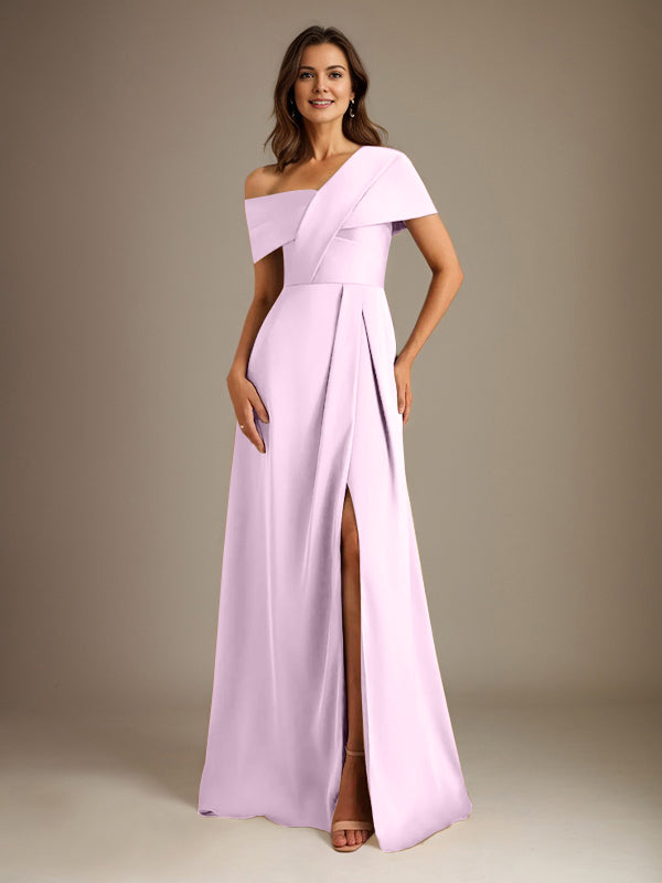A-Line Satin Mother of the Bride Dress with Asymmetrical Neckline, Floor-Length, and Pleated Design