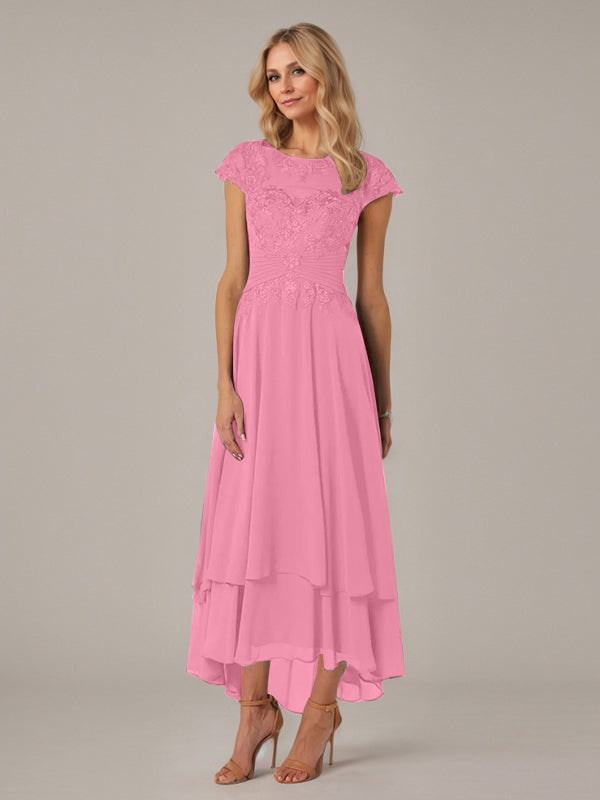 A-Line Boat Neck Illusion Asymmetrical Chiffon Lace Mother of the Bride Dress with Applique and Pleats