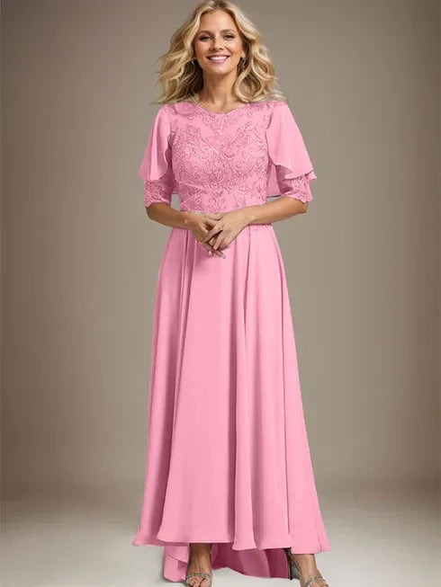 A-Line Scoop Neck Illusion Asymmetrical Chiffon and Lace Mother of the Bride Dress with Beading