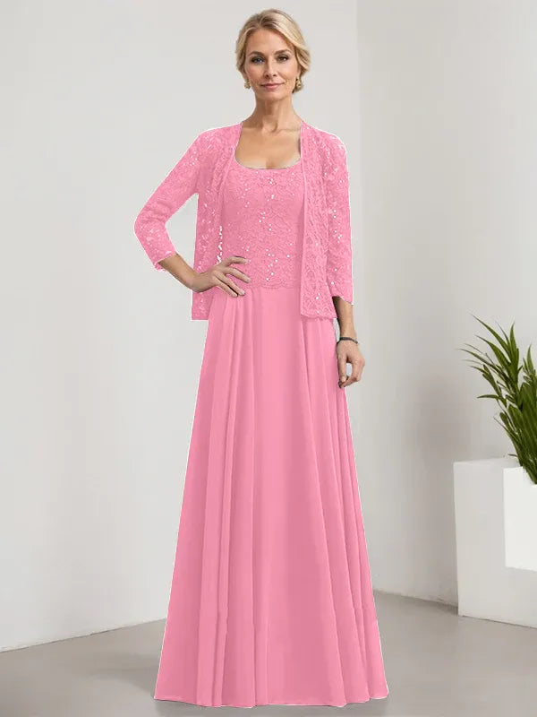 A-Line Square Neck Floor-Length Lace and Chiffon Mother of the Bride Dress with Sequins