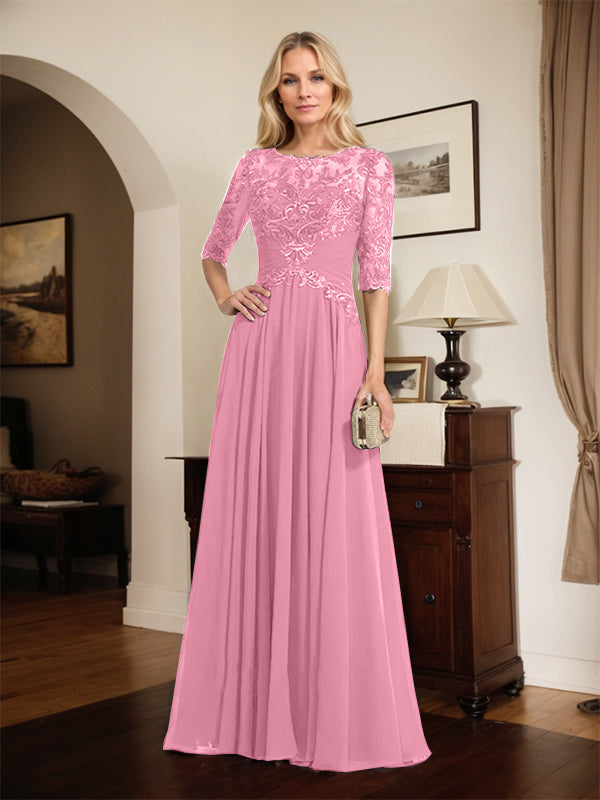 A-Line Scoop Neck Illusion Floor-Length Chiffon and Lace Mother of the Bride Dress with Pleated Sequins