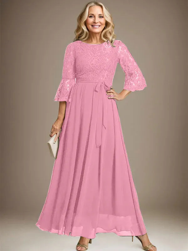 A-Line Scoop Neck Ankle-Length Lace Chiffon Mother of the Bride Dress with Bow