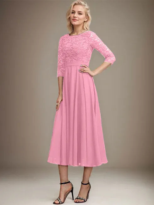A-Line Scoop Neck Tea-Length Lace Chiffon Mother of the Bride Dress with Sequins