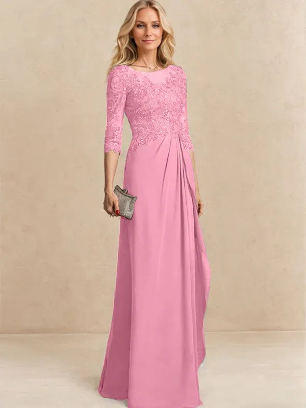 A-Line Scoop Illusion Floor-Length Chiffon and Lace Mother of the Bride Dress with Beading, Sequins, and Cascading Ruffles