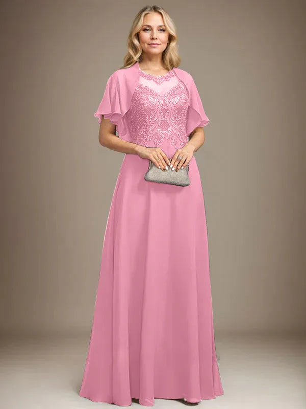 A-Line Scoop Neck Illusion Floor-Length Lace Chiffon Mother of the Bride Dress with Sequins