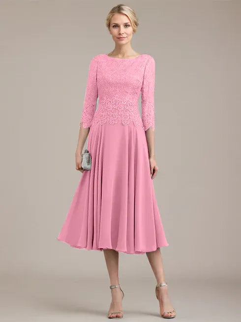 A-Line Scoop Neck Tea-Length Lace Chiffon Mother of the Bride Dress