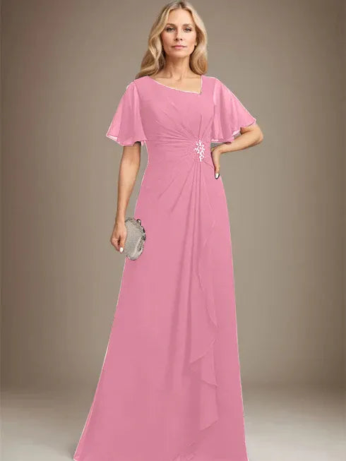 A-Line Asymmetrical Floor-Length Chiffon Mother of the Bride Dress with Pleated Beading and Sequins