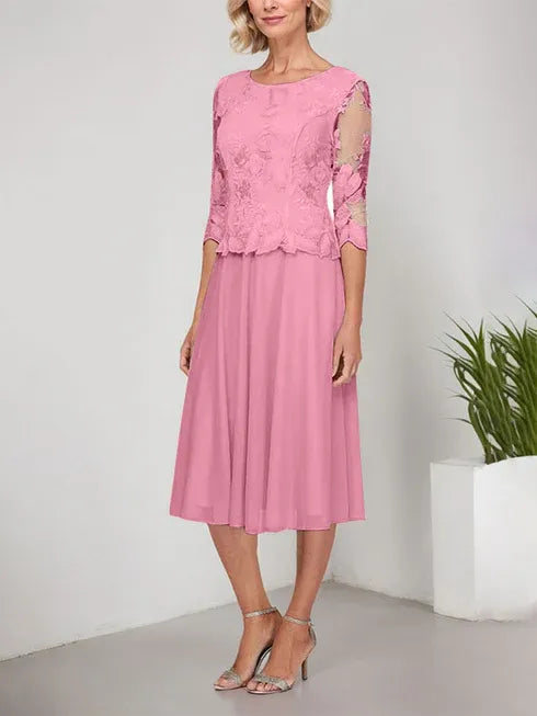 A-Line Scoop Neck Tea-Length Lace Chiffon Mother of the Bride Dress with Embroidery