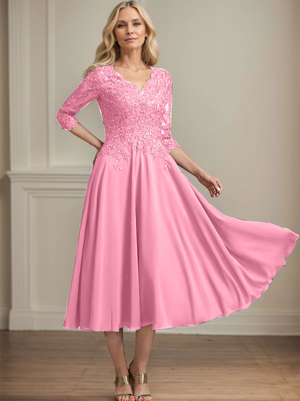 A-Line V-Neck Tea-Length Chiffon and Lace Mother of the Bride Dress with Beading and Sequins