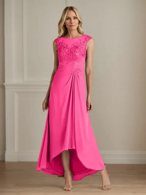 Champagne A-Line Lace and Chiffon Scoop Neck Dress