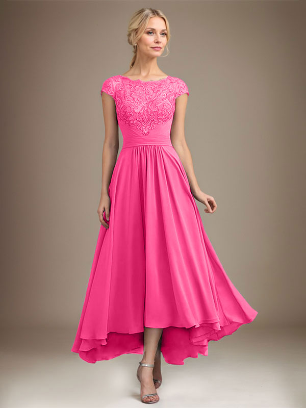 A-Line Scoop Neck Illusion Asymmetrical Lace Chiffon Mother of the Bride Dress with Pleats
