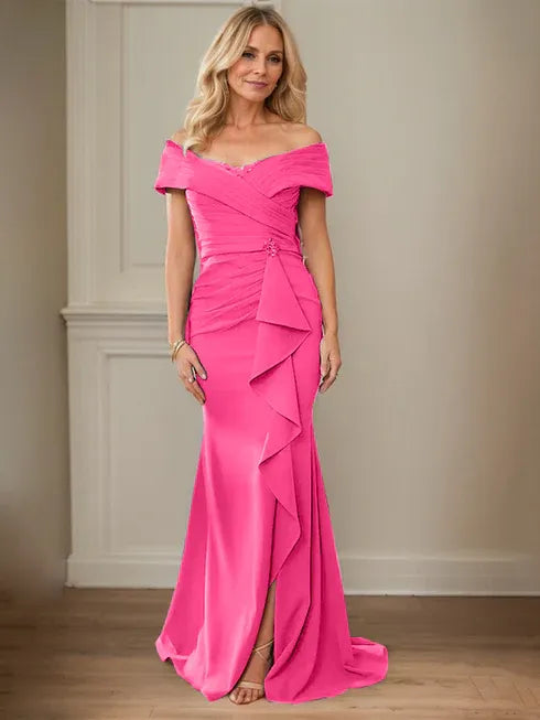 Floor-Length Lace and Chiffon Mother of the Bride Dress with Sheath/Column V-Neck Illusion and Pleated Sequins