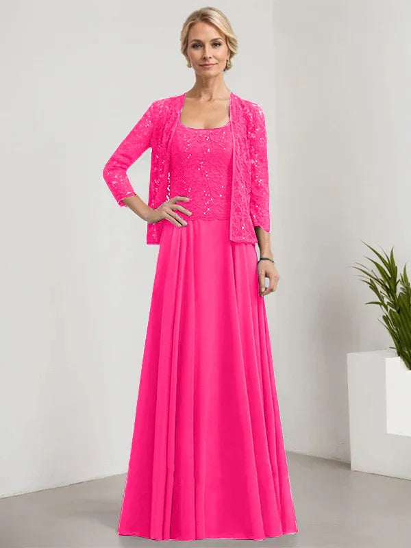 A-Line Square Neck Floor-Length Lace and Chiffon Mother of the Bride Dress with Sequins
