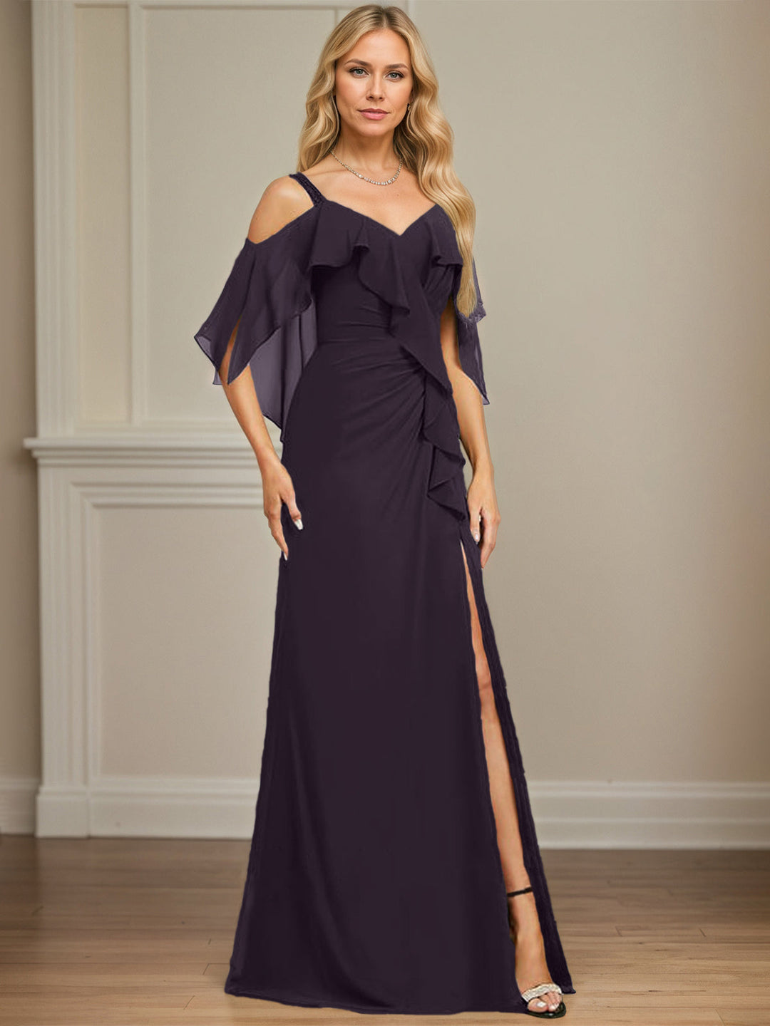 Sheath/Column Cold Shoulder V-Neck Floor-Length Chiffon Dress with Cascading Ruffles, Sequins, and Beading