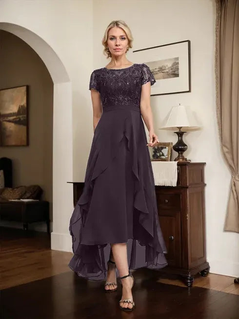 A-Line Scoop Neck Illusion Asymmetrical Chiffon Lace Mother of the Bride Dress with Bow, Ruffle, and Sequins