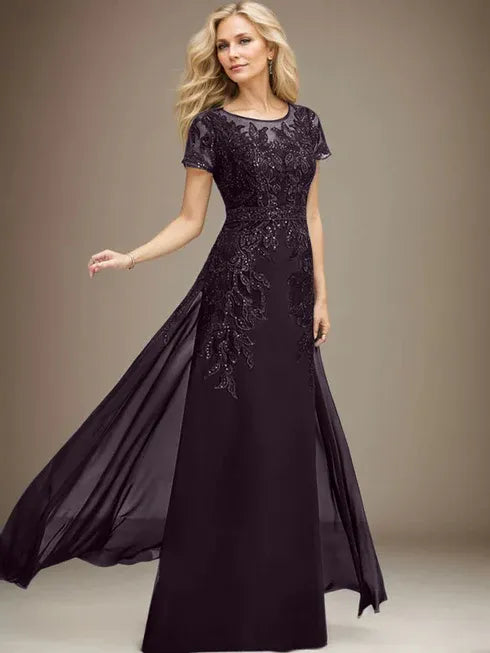 Floor-Length Lace Chiffon Mother of the Bride Dress with Sheath/Column Scoop Illusion and Sequins
