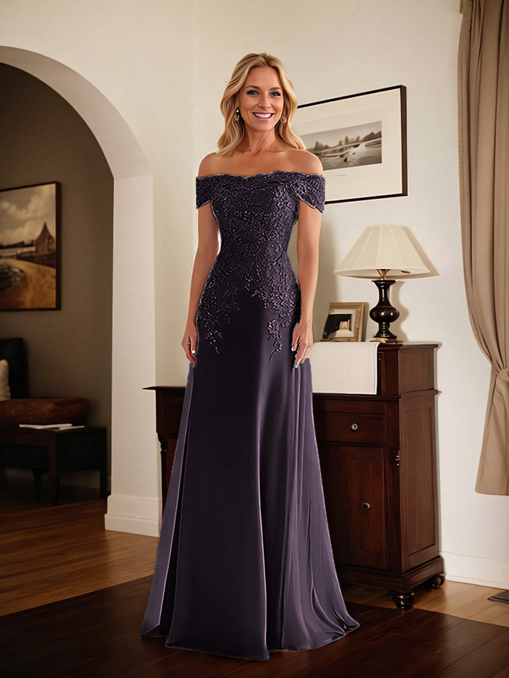 Elegant Taupe Off-the-Shoulder Lace Sheath Dress for Mother of the Bride