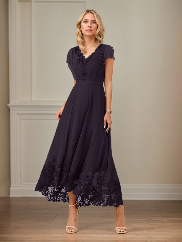 A-Line V-Neck Flutter Sleeve Chiffon Dress with Appliques and Ankle Length
