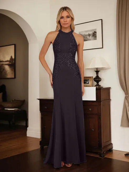 Dusty Blue Sheath Halter Mother of the Bride Dress with Appliqué Details