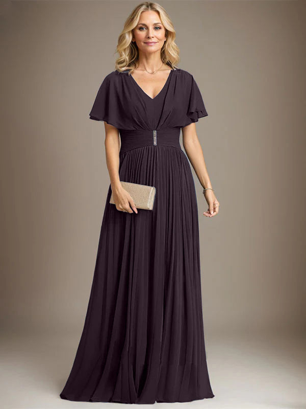 A-Line V-Neck Floor-Length Chiffon Mother of the Bride Dress with Crystal Brooch and Pleated Design