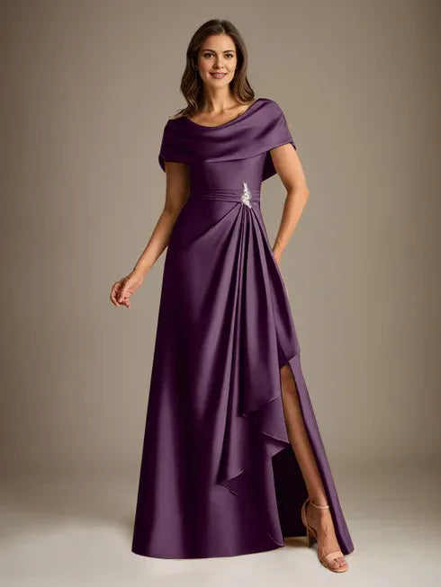 A-Line Scoop Neck Floor-Length Stretch Satin Mother of the Bride Dress with Cascading Ruffles