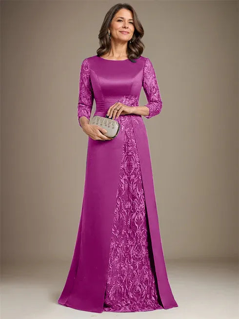 Floor-Length A-Line Lace Satin Mother of the Bride Dress with Scoop Neck and Applique
