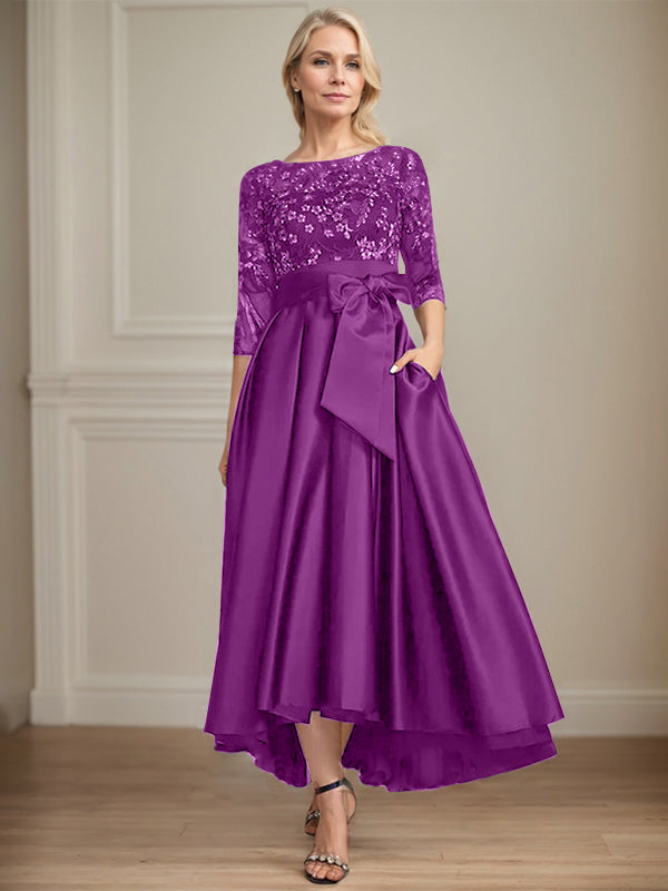 A-Line Scoop Neck Illusion Asymmetrical Satin Lace Mother of the Bride Dress with Bow